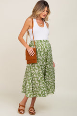 Green Floral Pleated Maternity Midi Skirt