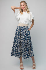 Navy Floral Pleated Maternity Midi Skirt