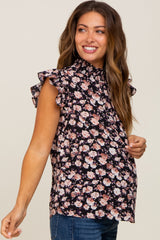 Black Floral Smocked Mock Neck Ruffle Sleeve Maternity Top