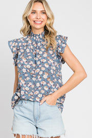 Blue Floral Smocked Mock Neck Ruffle Sleeve Top