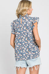 Blue Floral Smocked Mock Neck Ruffle Sleeve Top