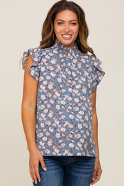 Blue Floral Smocked Mock Neck Ruffle Sleeve Maternity Top