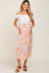 Peach Leaf Print Overlap Maternity Midi Skirt