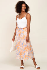 Peach Leaf Print Overlap Maternity Midi Skirt