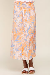 Peach Leaf Print Overlap Midi Skirt