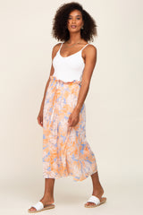 Peach Leaf Print Overlap Midi Skirt