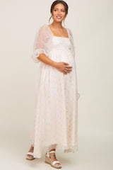 Cream Floral Square Neck Puff Sleeve Organza Maternity Maxi Dress