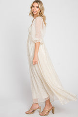 Cream Floral Square Neck Puff Sleeve Organza Maxi Dress