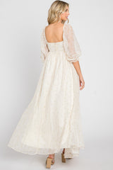 Cream Floral Square Neck Puff Sleeve Organza Maxi Dress