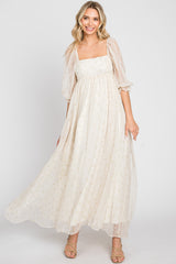 Cream Floral Square Neck Puff Sleeve Organza Maxi Dress