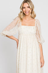 Cream Floral Square Neck Puff Sleeve Organza Maxi Dress