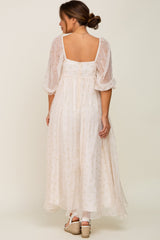 Cream Floral Square Neck Puff Sleeve Organza Maternity Maxi Dress