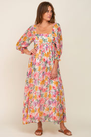 Pink Floral Shimmer Chiffon Square Neck 3/4 Sleeve Maxi Dress