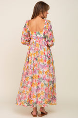 Pink Floral Shimmer Chiffon Square Neck 3/4 Sleeve Maxi Dress