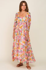 Pink Floral Shimmer Chiffon Square Neck 3/4 Sleeve Maxi Dress