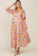 Pink Floral Shimmer Chiffon Square Neck 3/4 Sleeve Maternity Maxi Dress