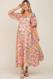 Pink Floral Shimmer Chiffon Square Neck 3/4 Sleeve Maternity Maxi Dress