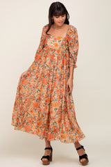 Peach Floral Shimmer Chiffon Square Neck 3/4 Sleeve Maxi Dress