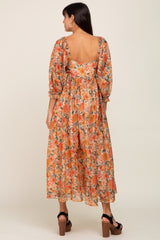 Peach Floral Shimmer Chiffon Square Neck 3/4 Sleeve Maxi Dress