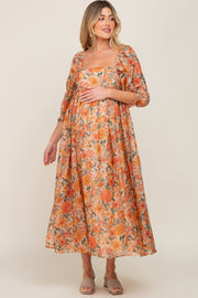 Peach Floral Shimmer Chiffon Square Neck 3/4 Sleeve Maternity Maxi Dress