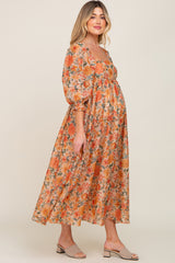 Peach Floral Shimmer Chiffon Square Neck 3/4 Sleeve Maternity Maxi Dress