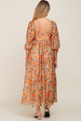 Peach Floral Shimmer Chiffon Square Neck 3/4 Sleeve Maternity Maxi Dress