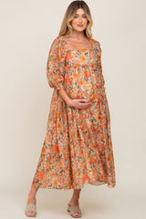 Peach Floral Shimmer Chiffon Square Neck 3/4 Sleeve Maternity Maxi Dress