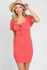 Coral Off-Shoulder Smocked Front Tie Fitted Maternity Dress