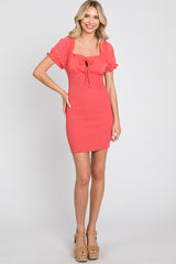 Coral Off-Shoulder Smocked Front Tie Fitted Dress