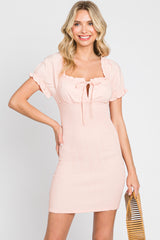 Peach Off-Shoulder Smocked Front Tie Fitted Maternity Dress