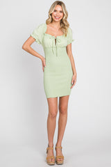 Mint Green Off-Shoulder Smocked Front Tie Fitted Dress