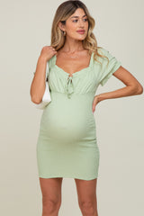 Mint Green Off-Shoulder Smocked Front Tie Fitted Maternity Dress