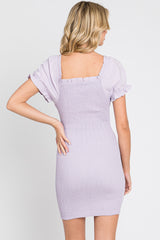 Lavender Off-Shoulder Smocked Front Tie Fitted Dress