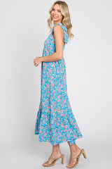 Light Blue Floral Square Neck Ruffle Strap Maxi Dress