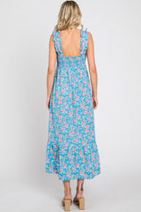 Light Blue Floral Square Neck Ruffle Strap Maxi Dress