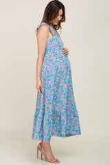 Light Blue Floral Square Neck Ruffle Strap Maternity Maxi Dress