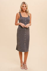 Charcoal Ribbed Button Front Sleeveless Midi Dress