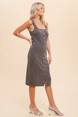 Charcoal Ribbed Button Front Sleeveless Midi Dress