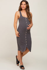 Charcoal Ribbed Button Front Sleeveless Maternity Midi Dress