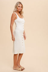 Ivory Ribbed Button Front Sleeveless Midi Dress