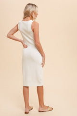 Ivory Ribbed Button Front Sleeveless Midi Dress