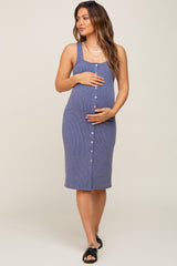 Navy Blue Ribbed Button Front Sleeveless Maternity Midi Dress