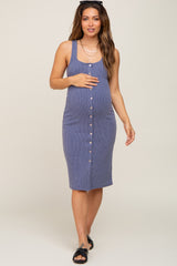 Navy Blue Ribbed Button Front Sleeveless Maternity Midi Dress