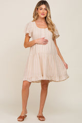 Beige Striped Linen Tiered Lace Up Back Maternity Dress