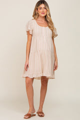 Beige Striped Linen Tiered Lace Up Back Maternity Dress