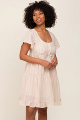 Beige Striped Linen Tiered Lace Up Back Maternity Dress