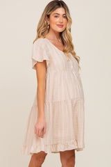 Beige Striped Linen Tiered Lace Up Back Maternity Dress