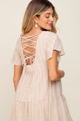 Beige Striped Linen Tiered Lace Up Back Maternity Dress