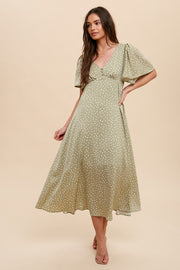 Sage Speckled Button Front Midi Dress