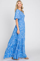 Blue Floral Flounce Sleeve Maxi Dress